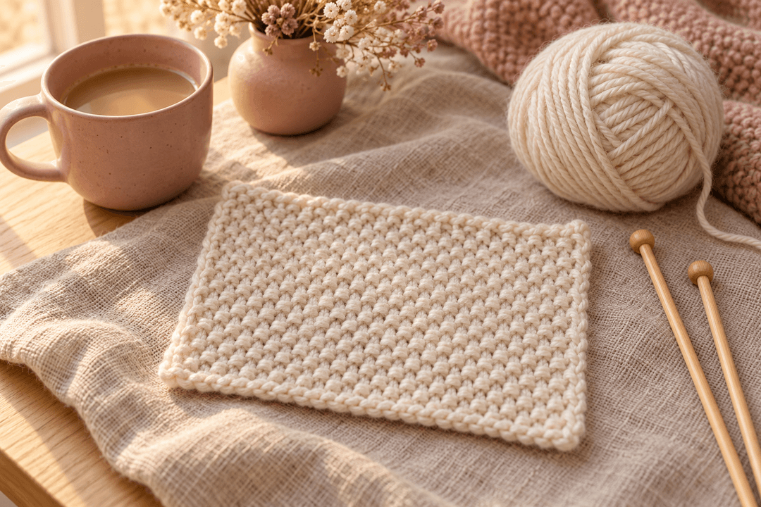 A cream seed stitch practice swatch beside bamboo knitting needles and a yarn ball on oatmeal linen, with a blush mug and dried flowers in warm window light.