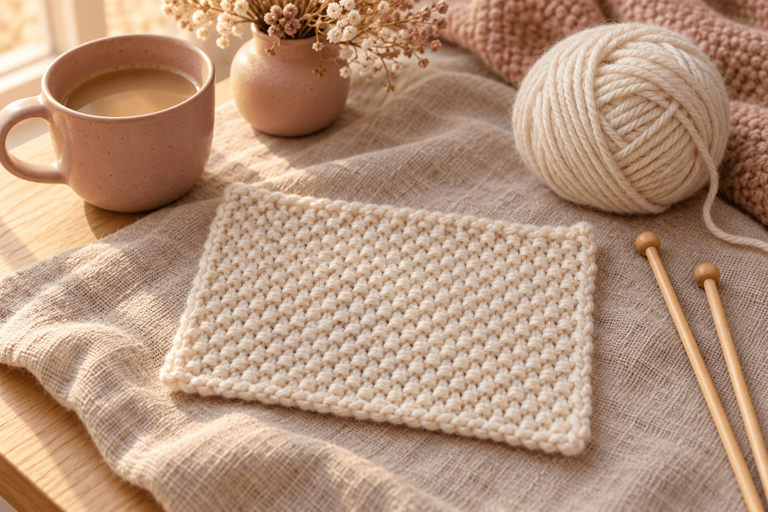 A cream seed stitch practice swatch beside bamboo knitting needles and a yarn ball on oatmeal linen, with a blush mug and dried flowers in warm window light.