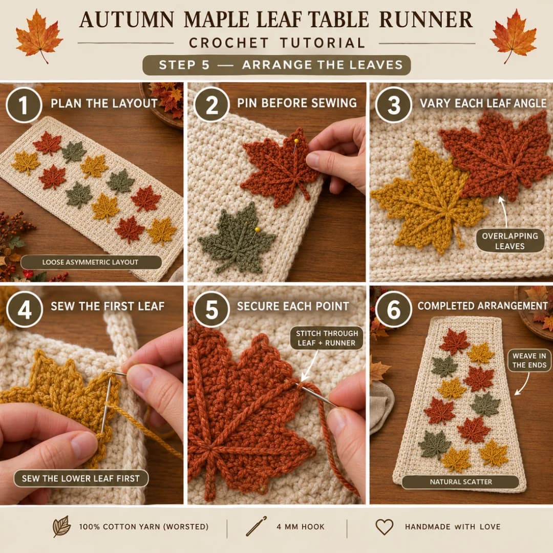 Step 5 of the easy crochet table runner: planning a loose asymmetric layout, pinning leaves before sewing, varying each leaf angle with overlapping pairs, sewing the lower leaf first, stitching each point through the leaf and runner, and the completed natural scatter