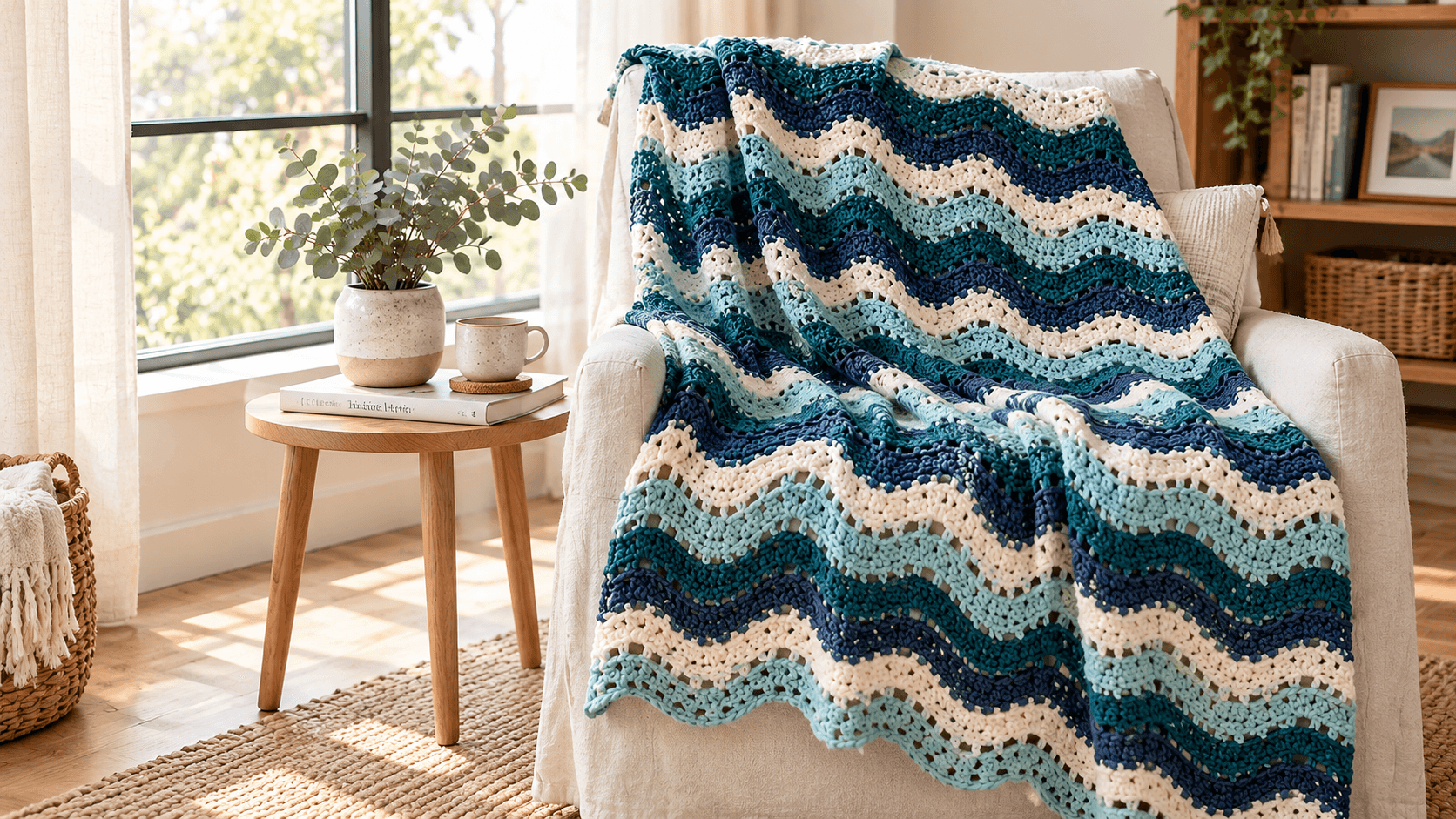 Finished eyelet waves ripple crochet blanket in teal, navy, aqua and cream stripes draped over a cream armchair beside a sunlit window