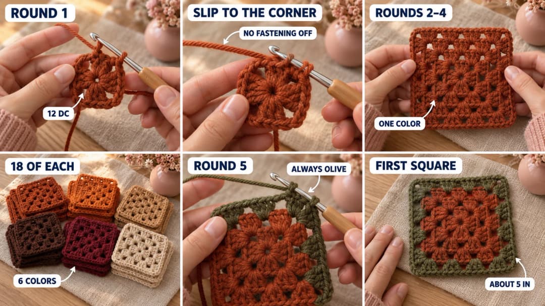 Step 1 of the fall granny square blanket: a rust first round of 12 double crochets on a 5 mm hook, slip stitches moving to the next corner without fastening off, a solid rust square of four rounds, stacks of square centers in six autumn colors, the olive round 5 being worked, and the first finished square about 5 inches across
