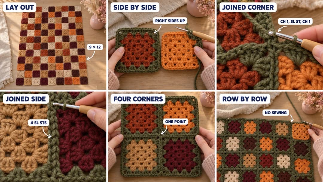 Step 2 of the fall granny square blanket: square centers laid out 9 across and 12 down, a new pumpkin center next to a finished square, the hook joining two corners with ch 1, sl st, ch 1, a joined side with 4 slip stitches, four squares meeting at one point, and rows of squares joined as you go into an olive grid