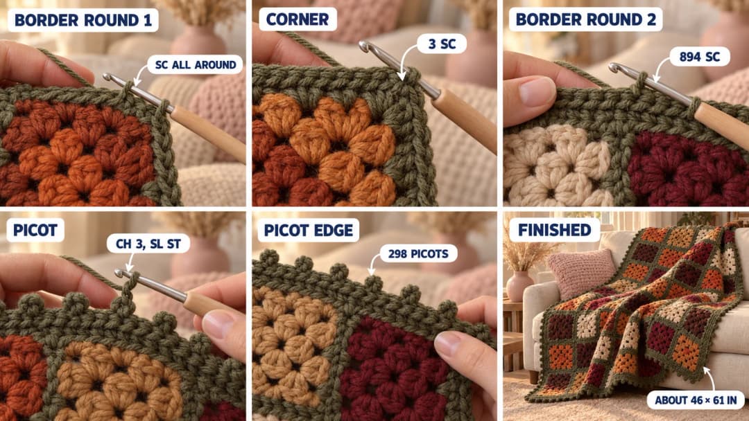 Step 3 of the fall granny square blanket: olive single crochet worked around the edge, 3 single crochets at a corner, the second olive round of 894 single crochets, a chain-3 picot on top of a single crochet, the finished picot edge, and the whole blanket draped over a cream sofa