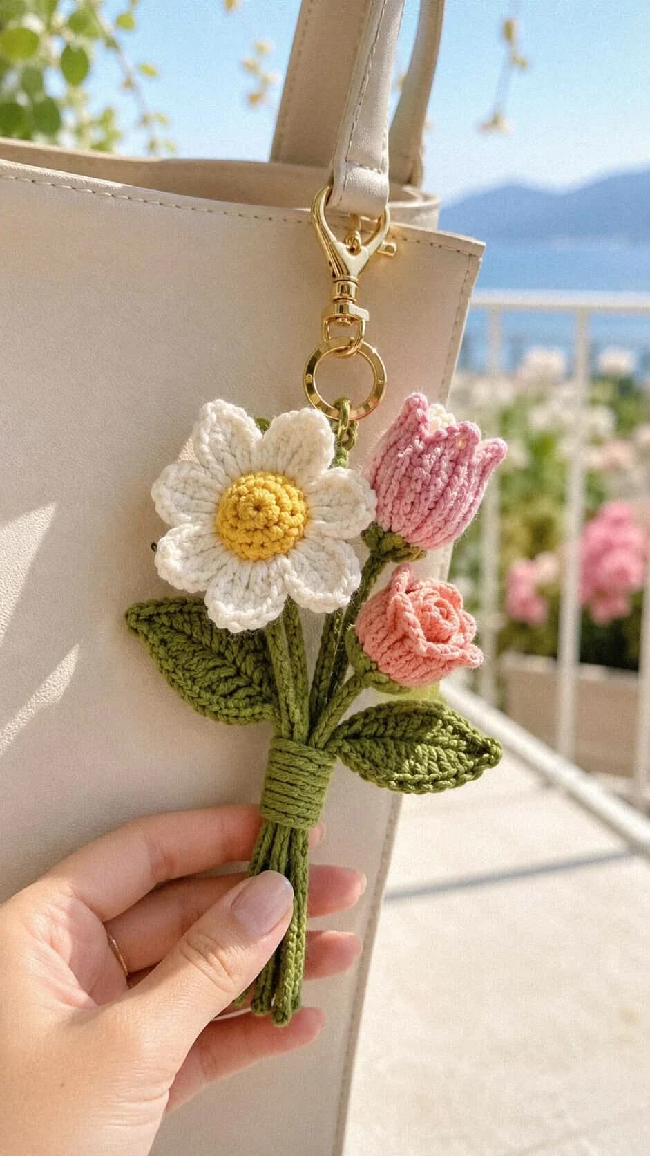 Crochet flower bouquet bag charm clipped to a cream tote with a gold lobster clasp and ring: a white daisy with a domed yellow center, a pink tulip and a peach rose on olive-green stems, with two textured leaves and a wrapped green band, held in a hand on a sunny terrace