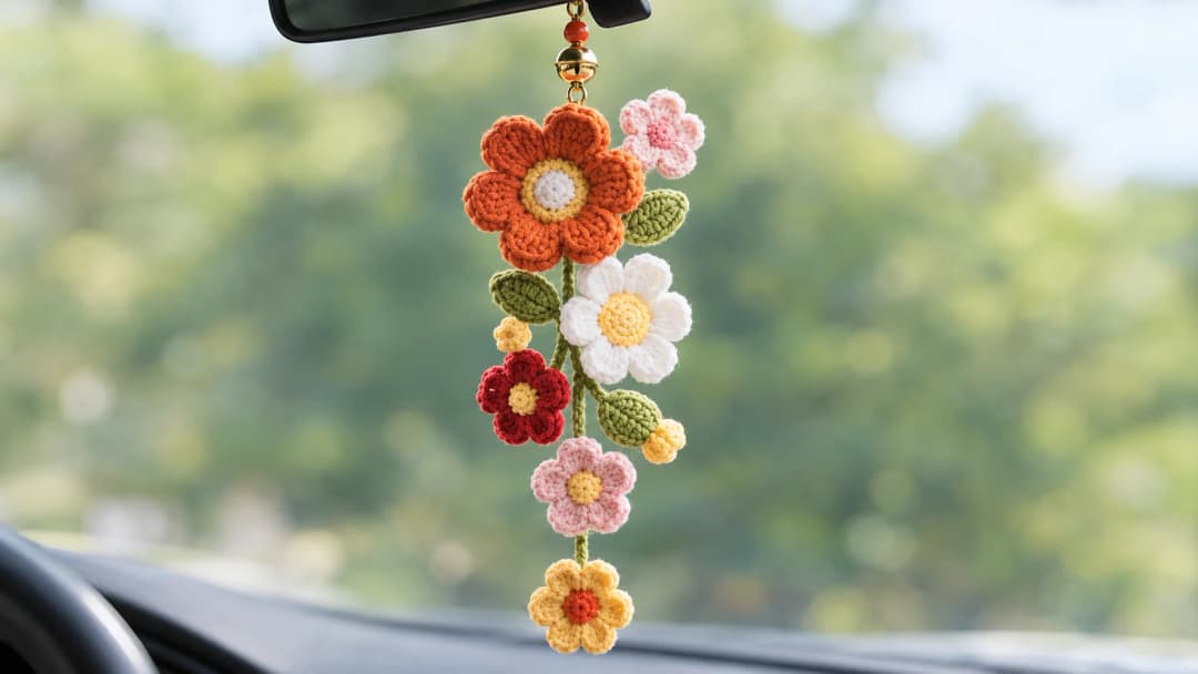 Finished crochet car mirror charm hanging from a rear-view mirror in front of a sunny green landscape, with a gold bell and red bead above the orange flower and a yellow flower swinging at the bottom