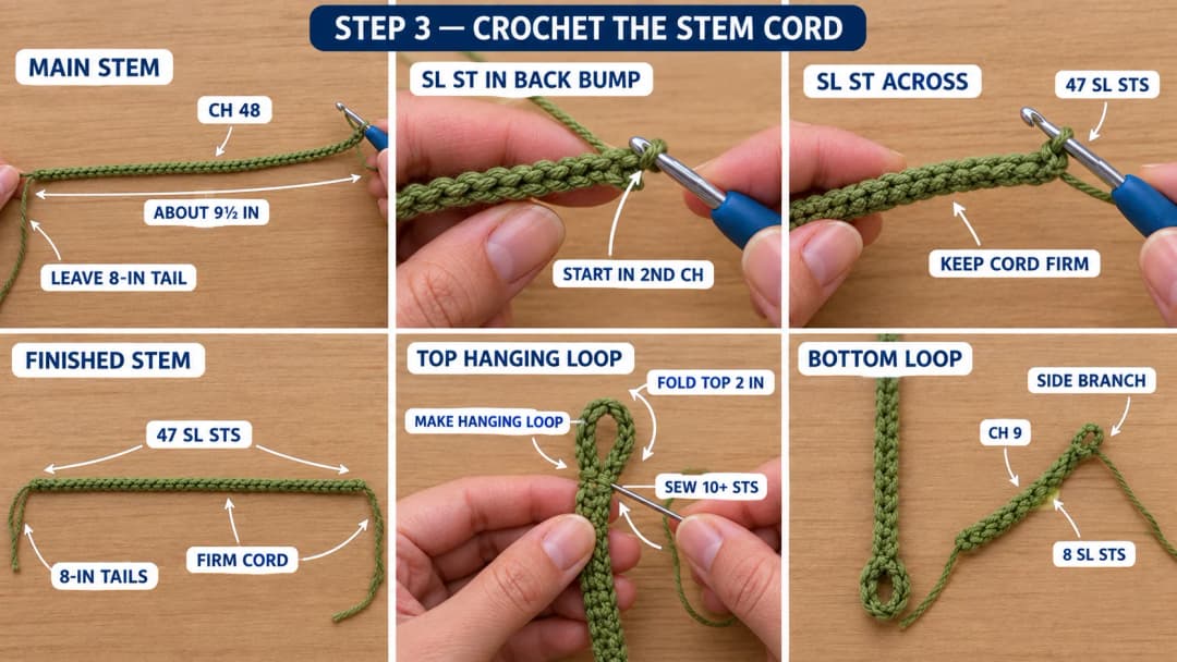 Step 3 of the crochet car mirror charm: a green chain of 48 about 9½ inches long, slip stitches worked into the back bumps to make a firm cord, the top folded into a hanging loop sewn with 10 or more stitches, the bottom loop and the short side branch