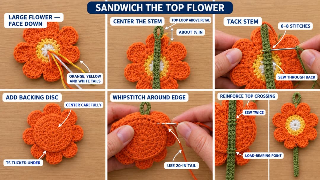 Step 4 of the crochet car mirror charm: the large orange flower face down with its tails, the green stem centered on the back with the loop half an inch above the top petal, the stem tacked on, the orange backing disc whipstitched over it and the top crossing sewn twice