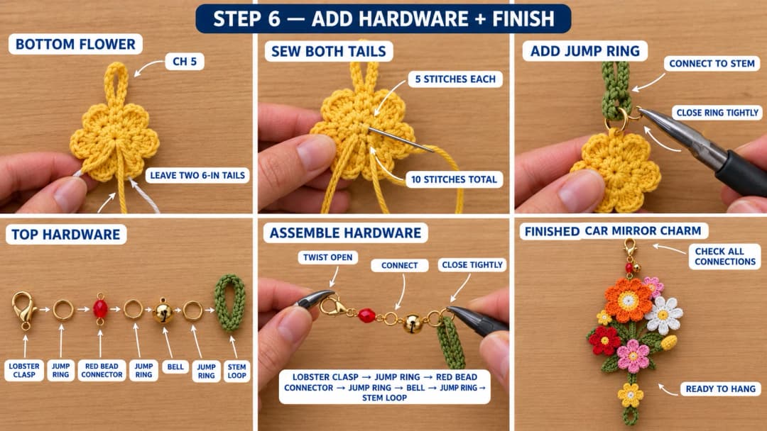 Step 6 of the crochet car mirror charm: a yellow flower with a ch-5 loop sewn on with both tails and joined to the stem with a jump ring, then a lobster clasp, jump ring, red bead connector, jump ring, gold bell and jump ring linked to the stem loop, and the finished charm ready to hang