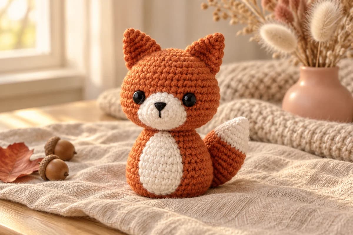 Finished mini crochet fox amigurumi in rust orange with a white muzzle, white oval belly, black safety eyes and a white-tipped tail, sitting on oatmeal linen beside acorns and a blush pink vase