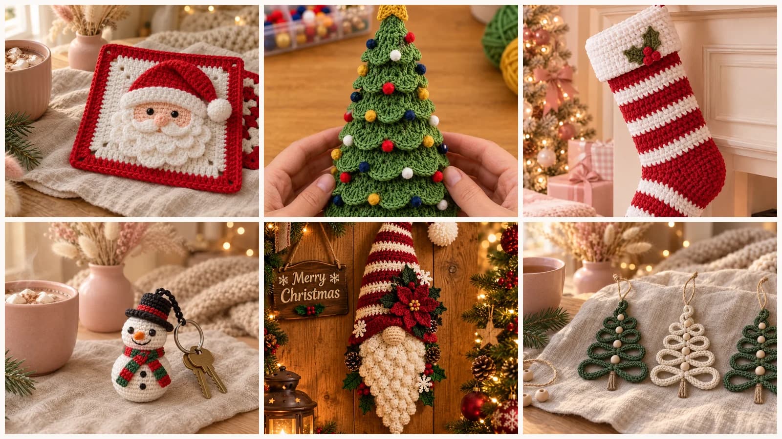 Six handmade crochet Christmas projects in a grid: a Santa Claus granny square, a green scalloped tabletop tree with pom-pom baubles, a red and white striped chenille stocking, a mini snowman keychain, a striped wall-hanging gnome with a bobble beard, and three looped cord tree ornaments with wooden beads