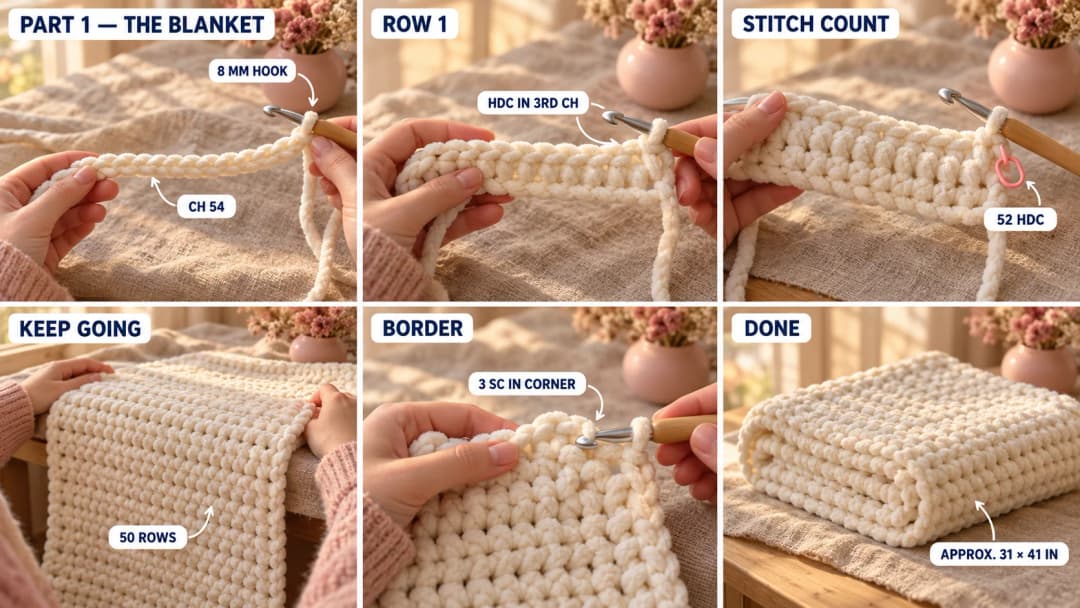 Step-by-step crochet flower blanket tutorial collage, part 1: a foundation chain of cream chenille on an 8 mm hook, the first row of half double crochet, a stitch count of 52, the blanket growing in rows, the single crochet border with three stitches in a corner, and the finished plain cream blanket folded on a light oak bench