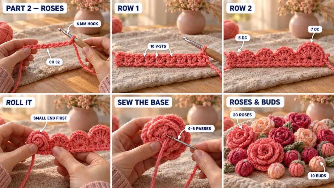 Step-by-step crochet rose tutorial collage, part 2: a coral bulky yarn chain on a 6 mm hook, a row of V-stitches, the shell row with small shells at one end and bigger shells at the other, hands rolling the strip into a rose, a needle sewing through the base, and a pile of finished open roses and round closed rosebuds in coral, peach and raspberry