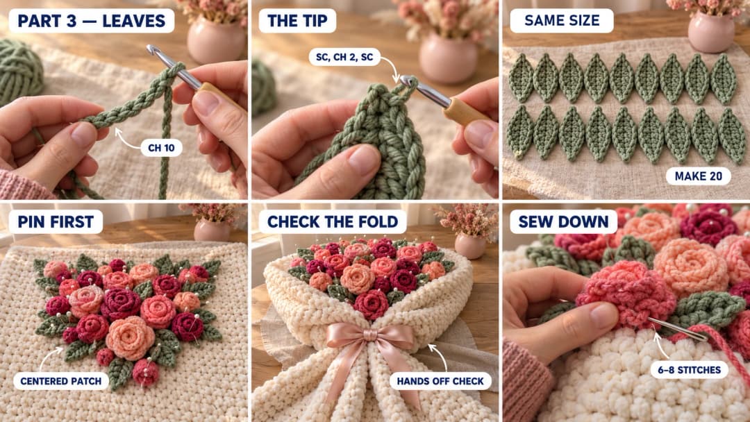 Step-by-step crochet leaf and assembly tutorial collage, part 3: a sage green chain of 10 on the hook, the pointed leaf tip worked as sc, ch 2, sc, two rows of finished leaves all the same size, roses and leaves pinned in a centered patch on the cream blanket, the pinned blanket folded, gathered and tied with a pink ribbon for the hands-off check, and a needle sewing a rose down with 6 to 8 stitches
