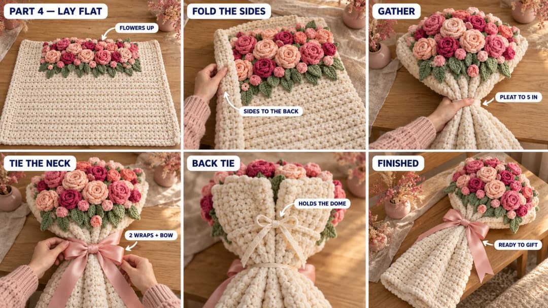 Step-by-step tutorial collage, part 4: the finished crochet flower blanket lying flat with its patch of roses at the top, hands folding one plain side to the back, the blanket pleated to about 5 inches just below the leaves, a blush pink satin ribbon tied around the neck with two wraps and a bow, a narrow cream back tie holding the two side edges together behind the flowers, and the finished bouquet blanket on an oak bench