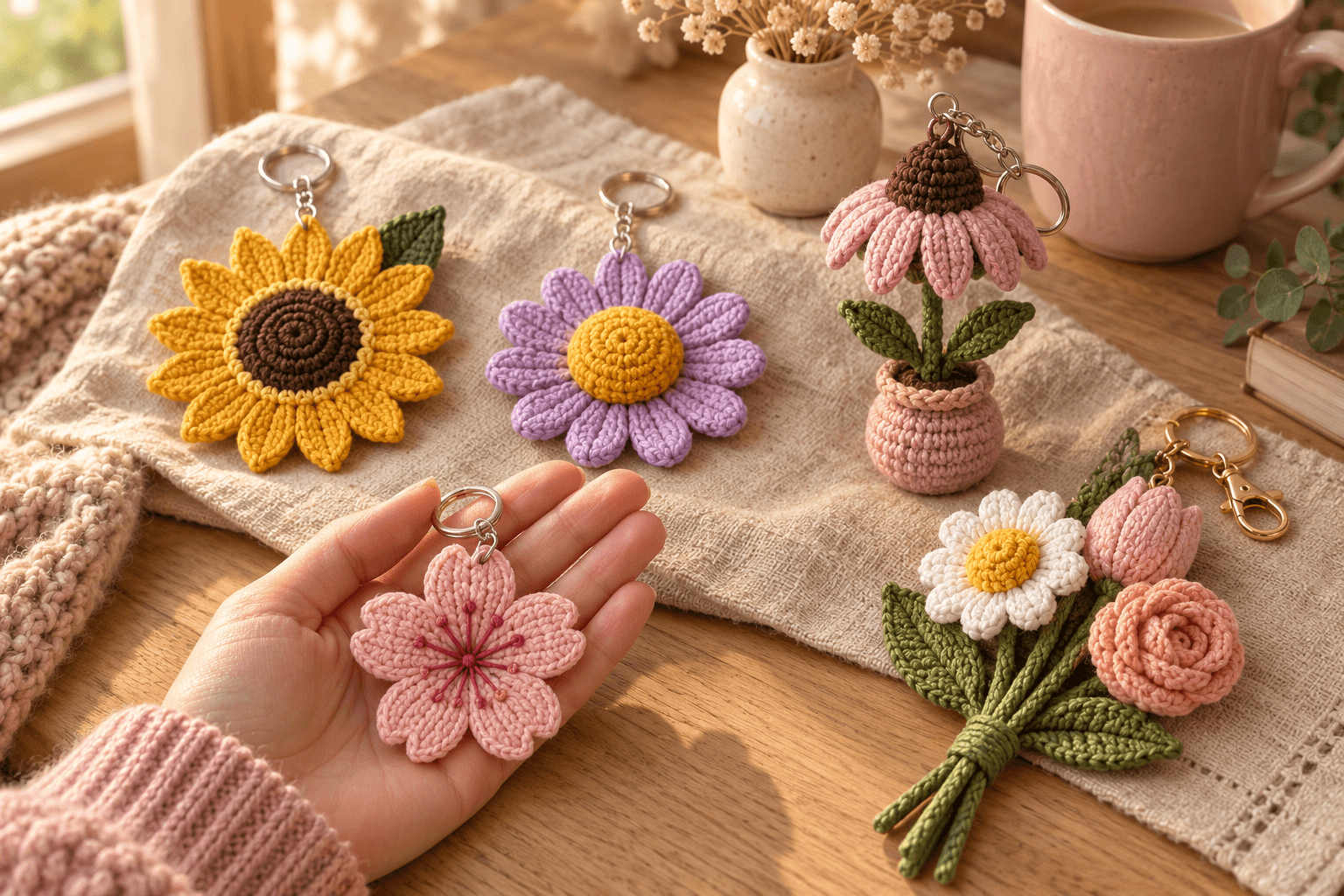 Five crochet floral accessories on oatmeal linen: a yellow sunflower with a brown center, a lavender daisy, a pink cherry blossom held in an open palm, a pink coneflower in a blush vase and a daisy, tulip and peach rose bouquet with a gold clasp
