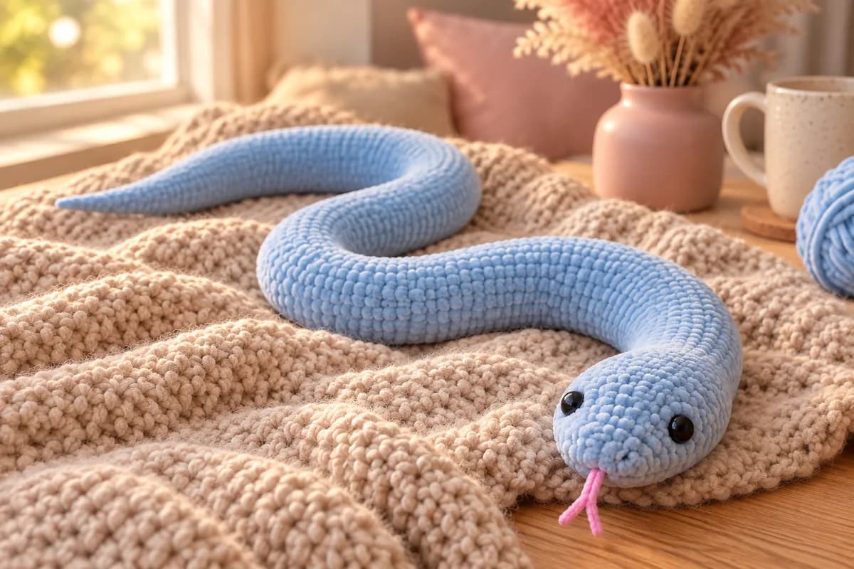 Free crochet snake pattern: a long powder blue plush chenille snake stretched in a loose S-curve across a chunky beige knit throw, with a slim pointed tail, two black eyes on its rounded head and a little forked pink tongue, next to a blush pink vase of dried pampas, a speckled mug and a ball of blue plush yarn