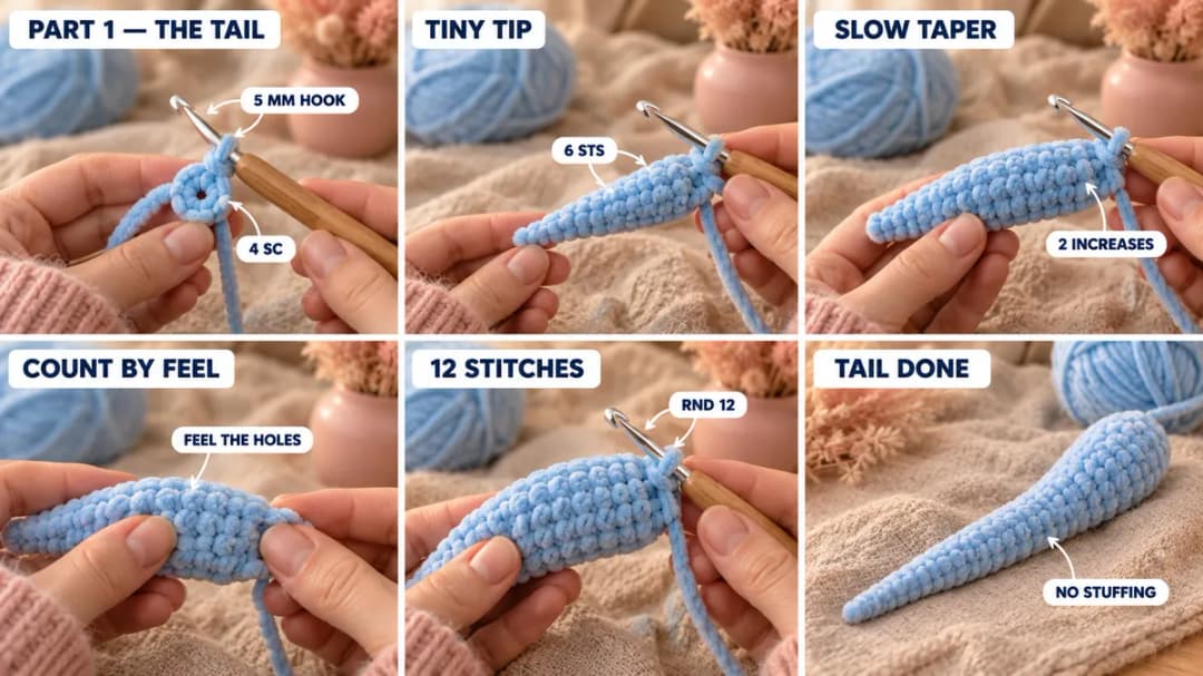 Step 1 of the free crochet snake pattern: a tiny powder blue magic ring of 4 single crochet on a 5 mm hook, the tail slowly widening with two increases every third round, and the finished slim tail cone at 12 stitches