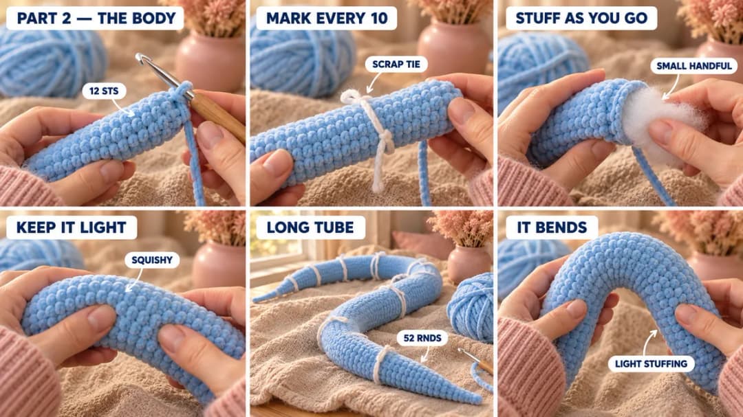 Step 2 of the free crochet snake pattern: the long powder blue body tube growing in plain single crochet rounds, scrap-yarn ties marking every 10 rounds, a small handful of fiberfill being pushed in, and the lightly stuffed body bending into a soft curve