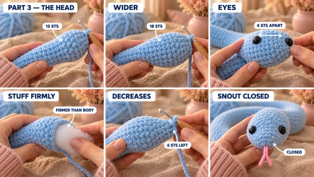 Step 3 of the free crochet snake pattern: the body widening into the head at 18 stitches, two black safety eyes placed 6 stitches apart on top of the head, the head stuffed firmly and pressed a little flat, and the snout pulled closed