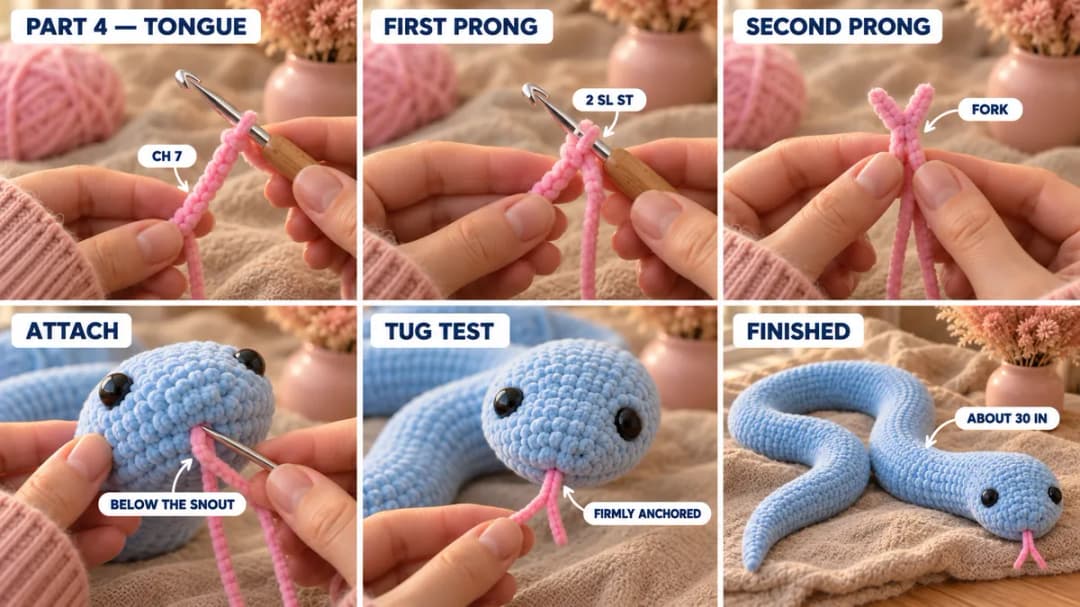 Step 4 of the free crochet snake pattern: a tiny pink forked tongue made from a chain with two slip-stitch prongs, the tongue tails threaded into the snout, and the finished powder blue plush snake lying in a loose S-curve