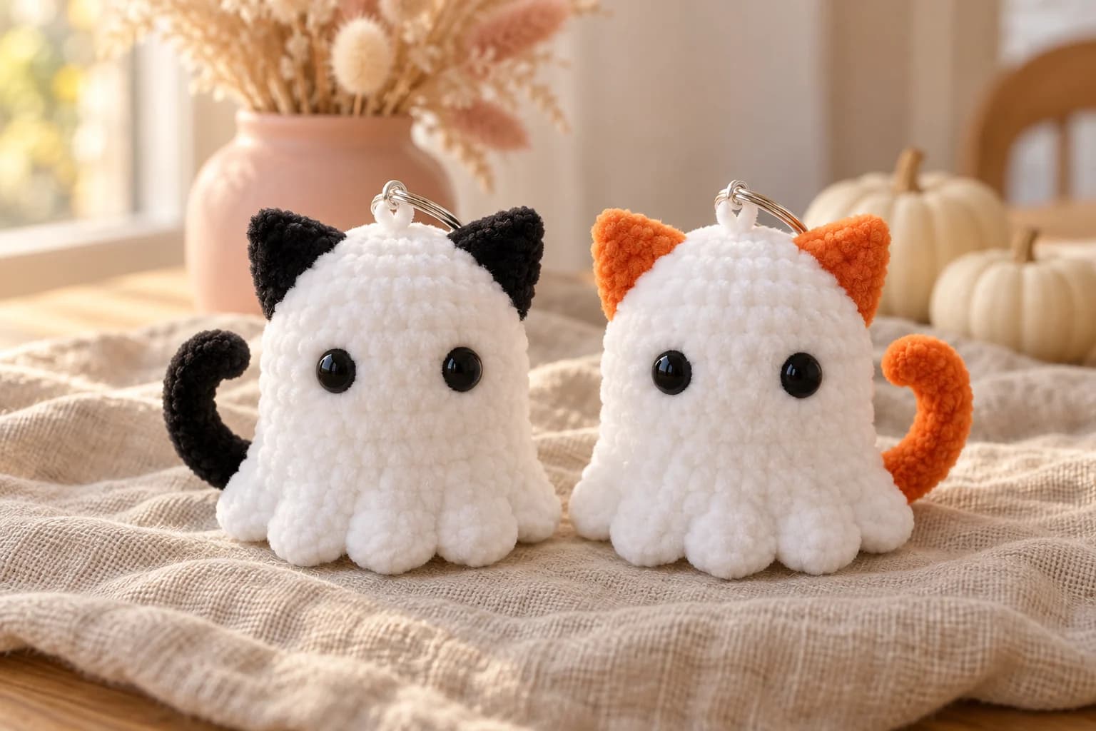 Ghost cat crochet keychain: two plush white velvet ghost cats side by side with scalloped hems and big black safety eyes, one with pointed black ears and a black tail curling up behind it, one with pointed orange ears and an orange tail, each with a small white loop on a silver key ring, on an oatmeal linen cloth with a blush pink vase of dried flowers and cream mini pumpkins behind