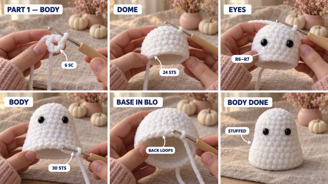 Step 1 of the ghost cat crochet keychain: a white velvet magic ring on a 4 mm hook, the dome of the head growing to 24 stitches, two black safety eyes set between rounds 6 and 7, the body widening to 30 stitches, the base worked in the back loops with the front loops left free, and the stuffed body closed at the base