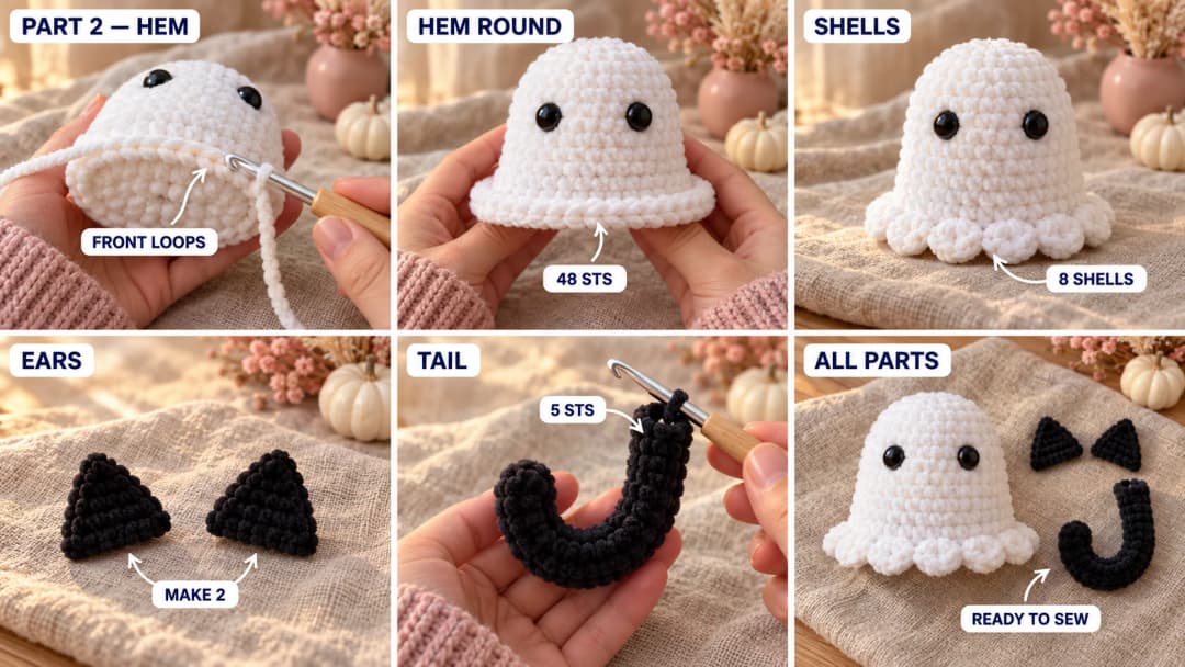 Step 2 of the ghost cat crochet keychain: the white velvet hem worked into the free front loops at the bottom of the body, the hem round of 48 stitches, 8 rounded shells of 5 double crochets hanging down like the lobes of a sheet ghost, two pointed black cat ears, and a little black tail tube