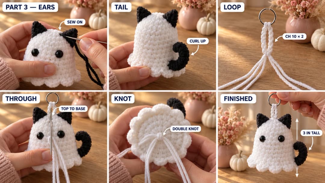Step 3 of the ghost cat crochet keychain: pointed black cat ears sewn at the top corners of the head, a black tail sewn low at the back and curling up the side, a short double chain of smooth white yarn folded over a silver split ring, the tails threaded down through the ghost and knotted under the base, and the finished ghost cat keychain hanging from its ring
