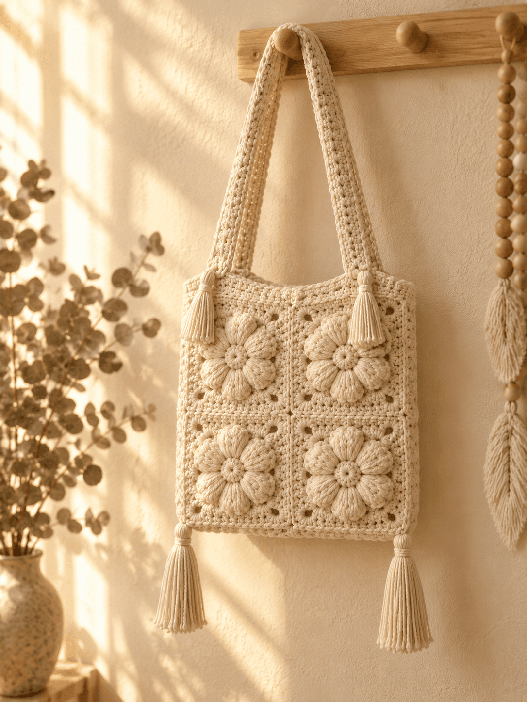 A handmade monochromatic cream flower granny square crochet tote bag hanging on a light natural wood coat hook rail against a soft cream painted textured wall, the bag body showing 4 large flower granny squares on the front with each square featuring a raised 3D puff-stitch flower center with 6 rounded cream petals radiating outward like a rose medallion, 4 long elegant cream cotton tassels attached at the corners of the bag body, two thick braided cream cotton shoulder straps, dried eucalyptus branches in a soft-glazed stoneware vase softly blurred on the left, wooden macramé bead garland with a cream feather softly blurred on the right, warm golden afternoon light streaming from the left creating soft window-shadow patterns on the wall, cottagecore boho editorial home decor photography