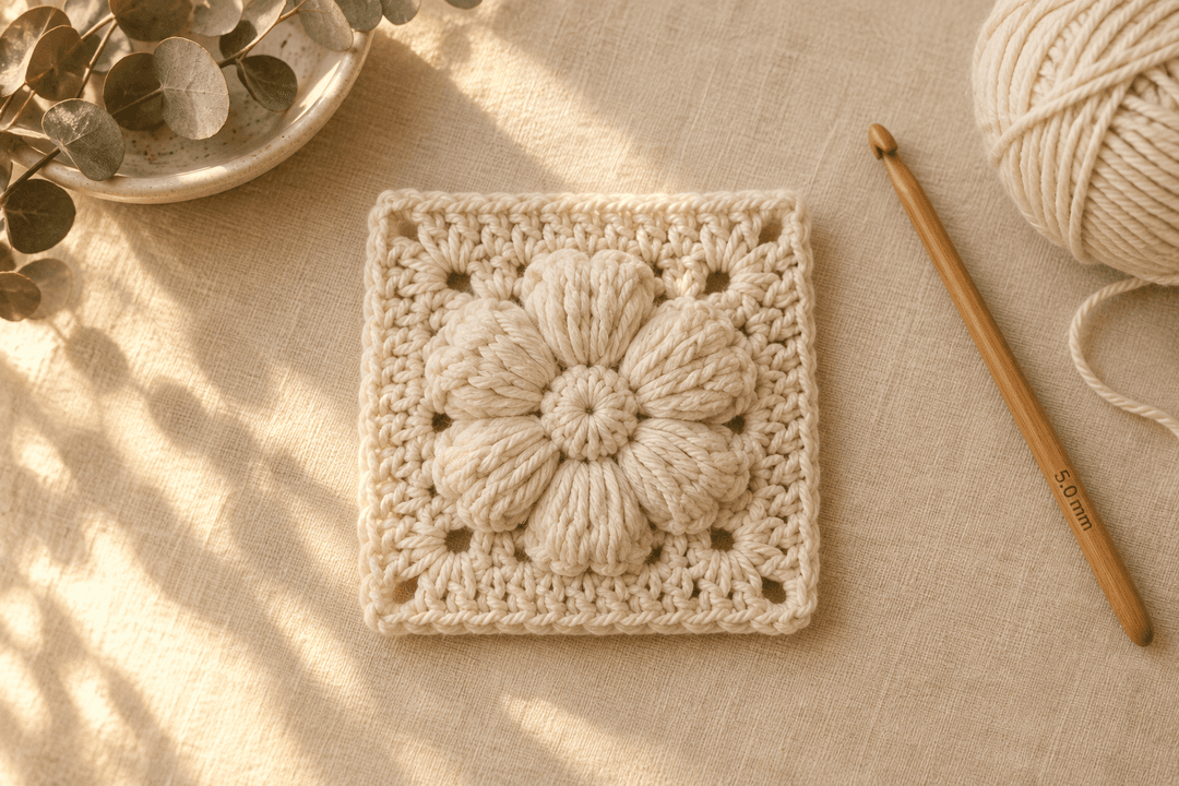 Overhead flat-lay of a single completed flower granny square about 10 cm across in warm monochromatic cream cotton yarn on cream linen, featuring a raised 3D puff-stitch flower center with 6 rounded cream petals radiating outward from a small center dot forming a rose-like medallion, dense fabric with only small holes at the 4 corners of the square, a 5 mm honey wooden crochet hook labeled and a small ball of cream cotton worsted yarn softly blurred beside, a small ceramic bowl with dried eucalyptus in the upper-left corner, warm afternoon window light from the left, cottagecore craft-magazine tutorial detail shot