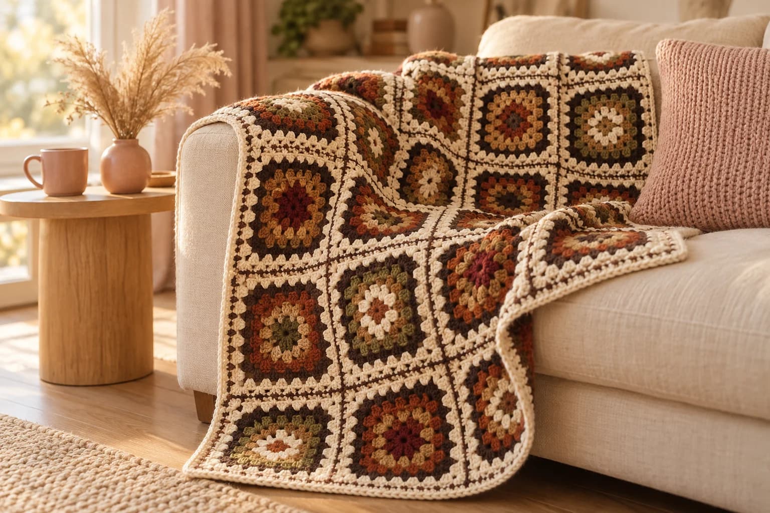 Earth-tone crochet granny square blanket draped over the arm and seat of a cream linen sofa: classic squares with burgundy, rust, camel and olive centers, each framed by a chocolate round and a cream round, joined with thin dark chocolate seams and edged with a narrow cream border, next to a blush pink knit cushion and a light oak side table with a pink mug and a vase of dried pampas