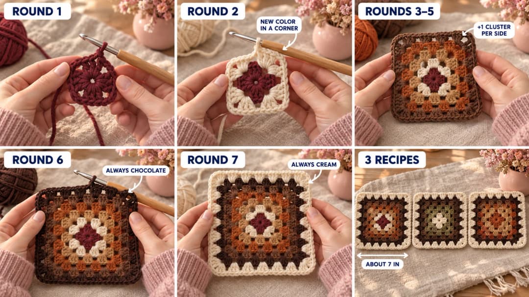 Step 1 of the granny square blanket: a burgundy first round of 12 double crochets on a 5 mm hook, cream joined in a corner for round 2, camel, rust and medium brown rounds growing by one cluster per side, the chocolate round 6, the cream round 7, and three finished squares in the three color recipes, each about 7 inches