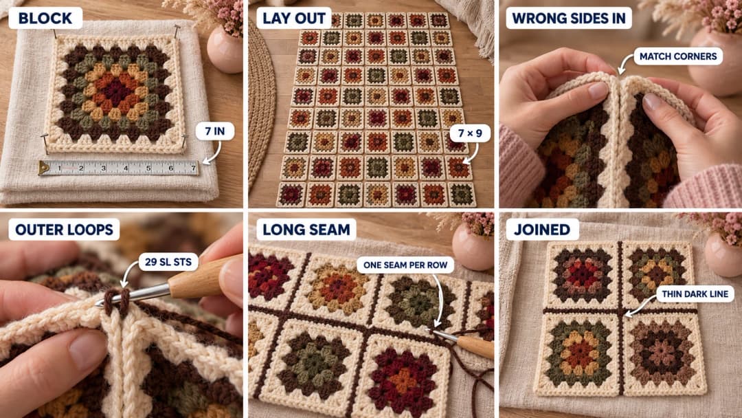 Step 2 of the granny square blanket: a square pinned to 7 inches with a tape measure, 63 squares laid out 7 across and 9 down, two squares held wrong sides together with matched corners, the hook working chocolate slip stitches through the outer loops, a long seam joining a row of squares, and four joined squares with a thin dark line between their cream rounds