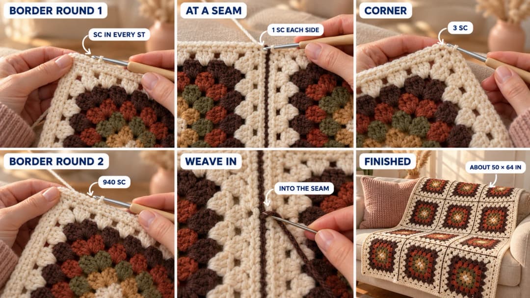 Step 3 of the granny square blanket: cream single crochet worked along the edge of the outer squares, one single crochet in the corner space on each side of a thin chocolate seam, three single crochets at the blanket corner, the second cream border round, a tapestry needle weaving a chocolate tail into a seam, and the finished earth-tone blanket draped over a cream sofa next to a blush pink cushion
