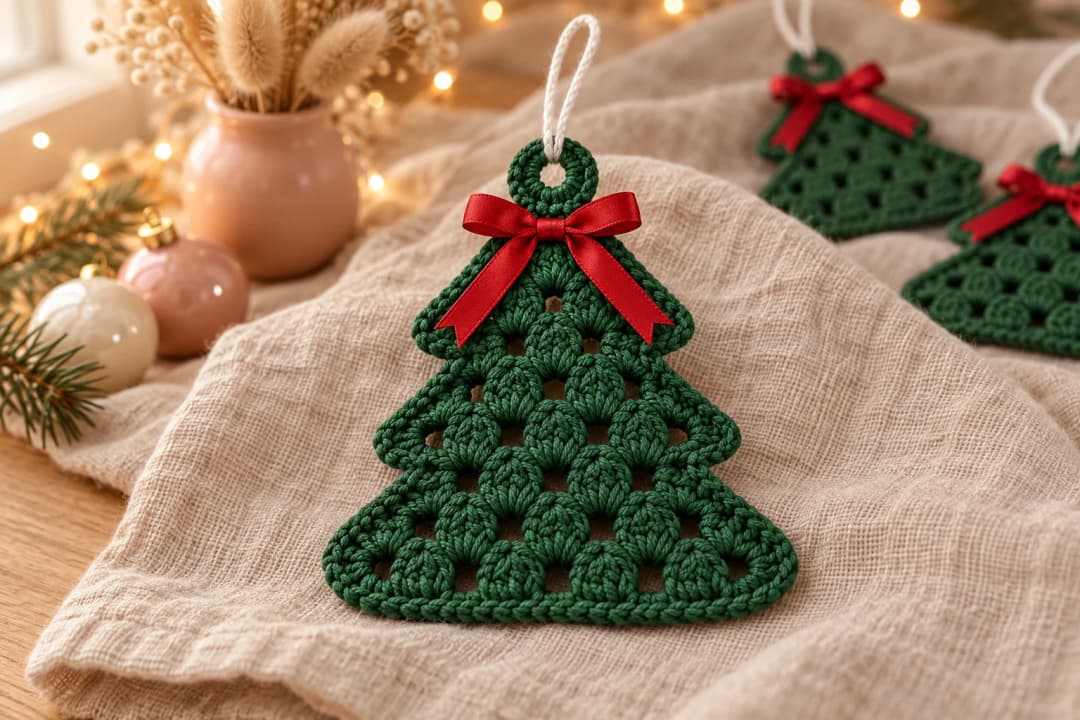 Flat green crochet Christmas tree ornament with three stepped tiers of granny clusters, a white hanging cord and a red satin bow, on oatmeal linen