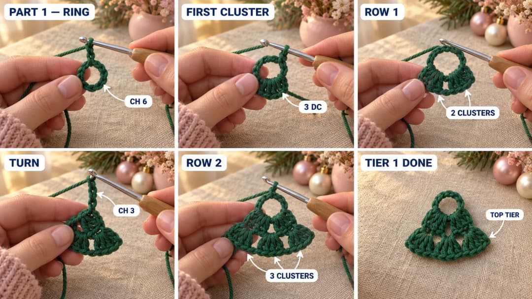 Step 1 of the granny stitch Christmas tree ornament: a ring of 6 chains on a 3 mm hook, two granny clusters worked into the lower half of the ring, and the first tier of three clusters fanning out under the open ring