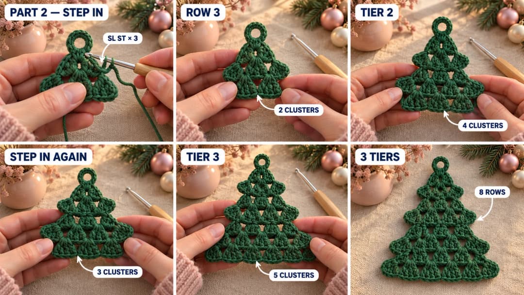 Step 2 of the granny stitch Christmas tree ornament: the step-in row starting with slip stitches across the edge cluster, the middle tier growing to four granny clusters, the bottom tier growing to five clusters, and the flat three-tier tree laid out before the border