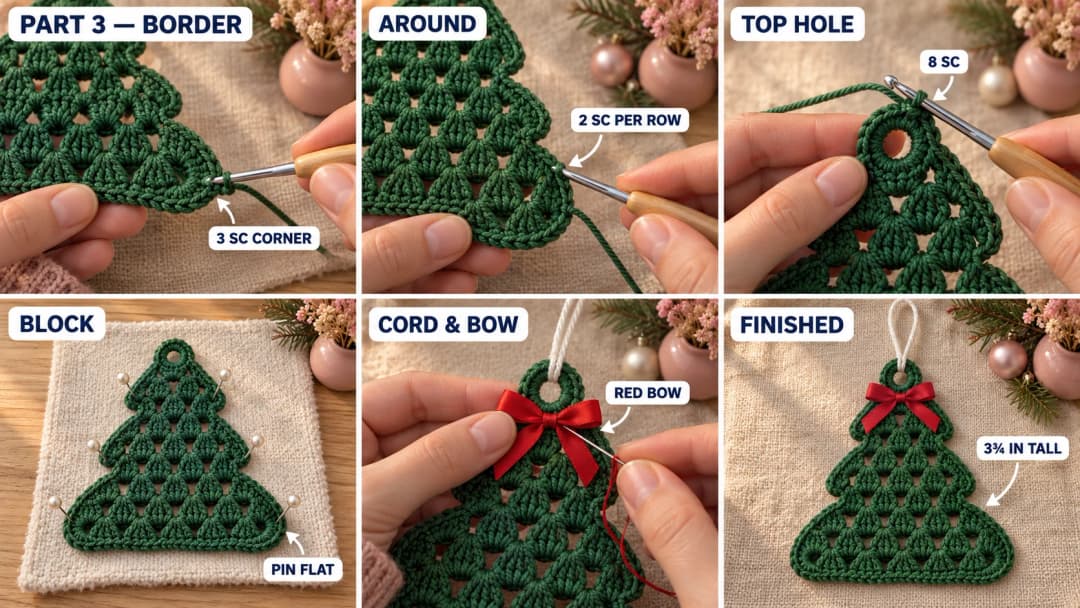 Step 3 of the granny stitch Christmas tree ornament: a single crochet border worked around the tiers with three stitches at each corner, the tree pinned flat to dry, a white cord threaded through the hole at the top, and a red satin bow sewn under the top ring of the finished tree