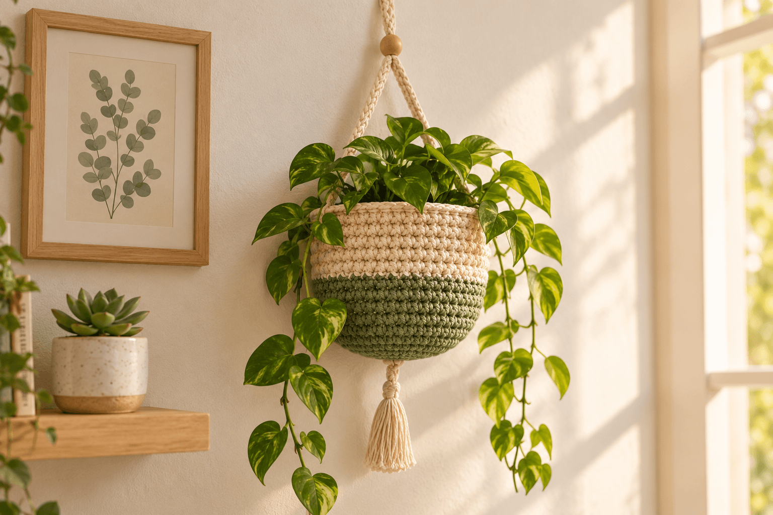 A handmade boho crochet hanging basket hung on a white painted wall by a cream cotton chain loop with a natural wooden bead at the top and a small cream tassel below, the basket body worked in soft cream cotton on top and sage green cotton on the bottom half, trailing green pothos leaves cascading from inside the basket, a small framed botanical print on the wall to the left and a small succulent in a white ceramic pot on a light wood shelf beside, warm afternoon light streaming from the right, cozy Scandinavian boho home decor styling