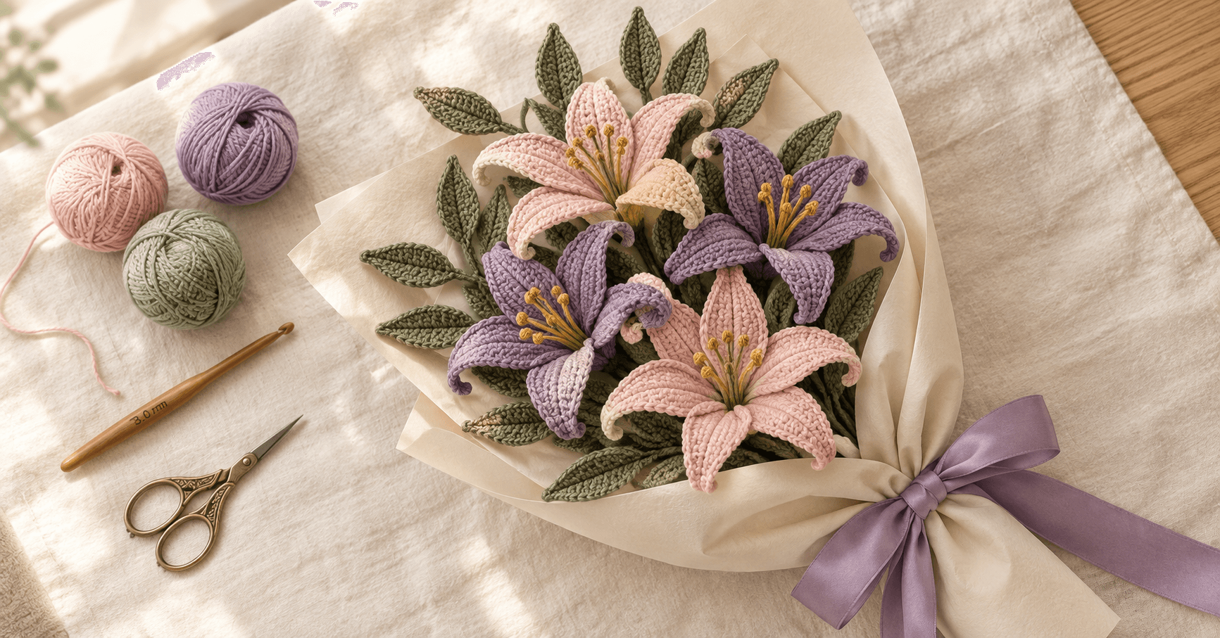 A finished handmade crochet lily bouquet lying flat on cream linen — six long-petal lilies in dusty purple and blush pink cotton yarn with tiny yellow stamens, sage green leaves, wrapped in cream kraft paper tied with a lavender satin ribbon. Three balls of cotton DK yarn, a 3.0 mm wooden crochet hook and small brass embroidery scissors sit beside the bouquet in soft window light.