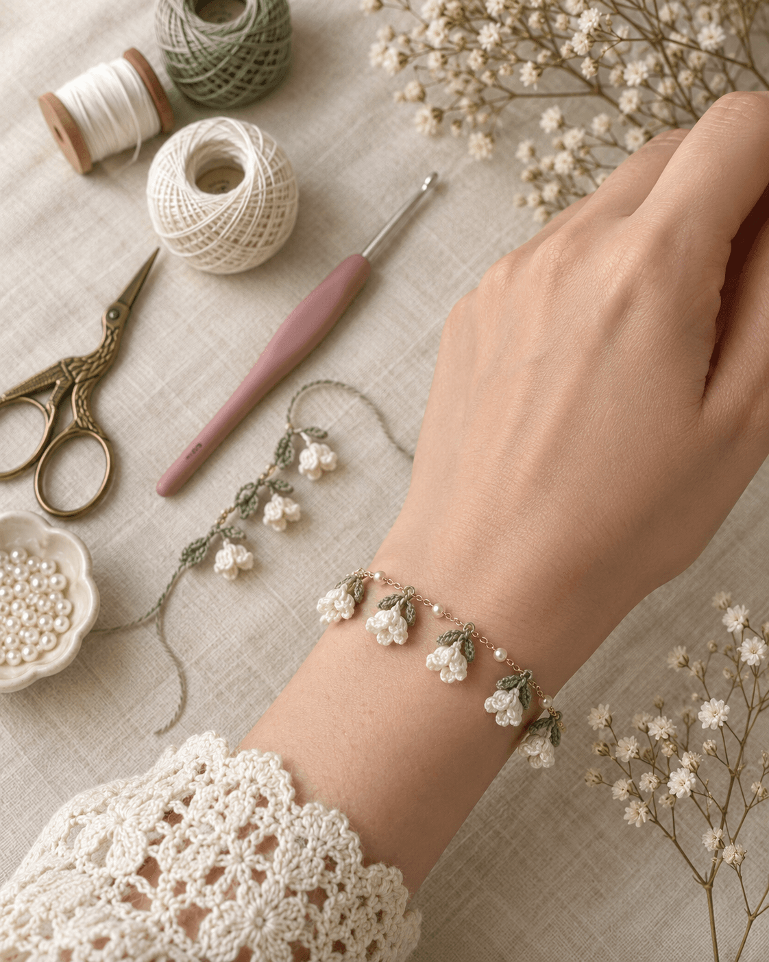Delicate lily of the valley crochet bracelet with white bell flowers, sage green leaves, and tiny pearl beads worn on a wrist next to a lace crochet sleeve, soft daylight on cream linen