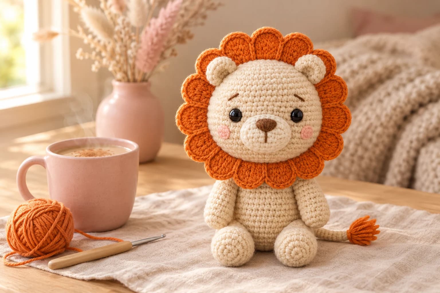 Crochet lion plush pattern: a cream crochet lion with a ring of sixteen orange scalloped petals for a mane, round cream ears, black eyes, a cream muzzle with a brown nose, soft blush pink cheeks, short arms and two stubby legs stretched out in front, sitting on an oatmeal linen cloth with its orange-tufted tail beside it, next to a blush pink mug of chai, a ball of orange yarn and a crochet hook