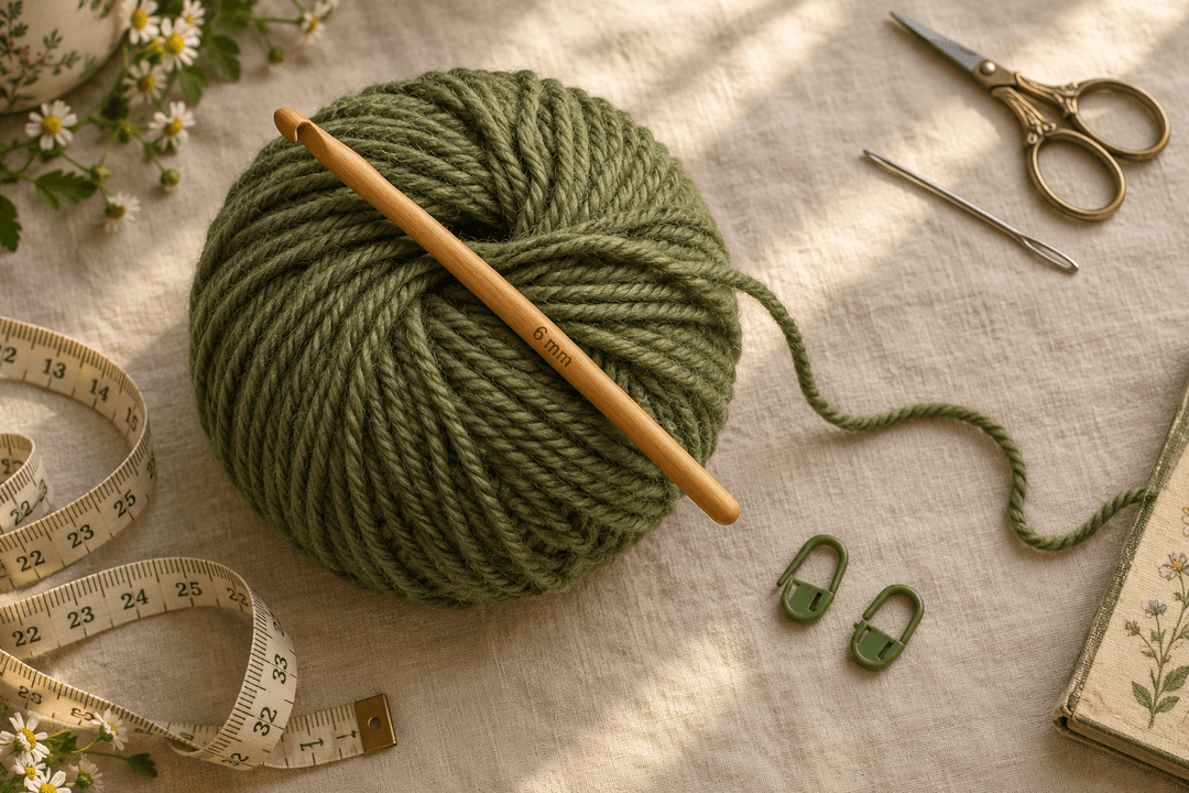 Overhead flat-lay of a large ball of muted olive-green worsted-weight wool yarn on a cream linen surface with a 6 mm honey-colored wooden crochet hook resting diagonally across the yarn, a soft measuring tape unspooled on the left, small gold-handled scissors and a silver tapestry needle in the top-right corner, two green locking stitch markers beside, small chamomile flower sprigs in the upper-left corner, warm afternoon window light, cottagecore craft-magazine styling, photorealistic yarn texture