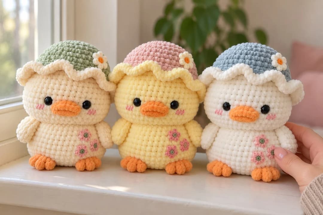 Three Marigold ducks side by side on a sunny windowsill: a cream duck in a sage hat, a butter yellow duck in a blush pink hat and a white duck in a dusty blue hat, each with a ruffled brim, a small daisy, apricot feet and pink tummy flowers