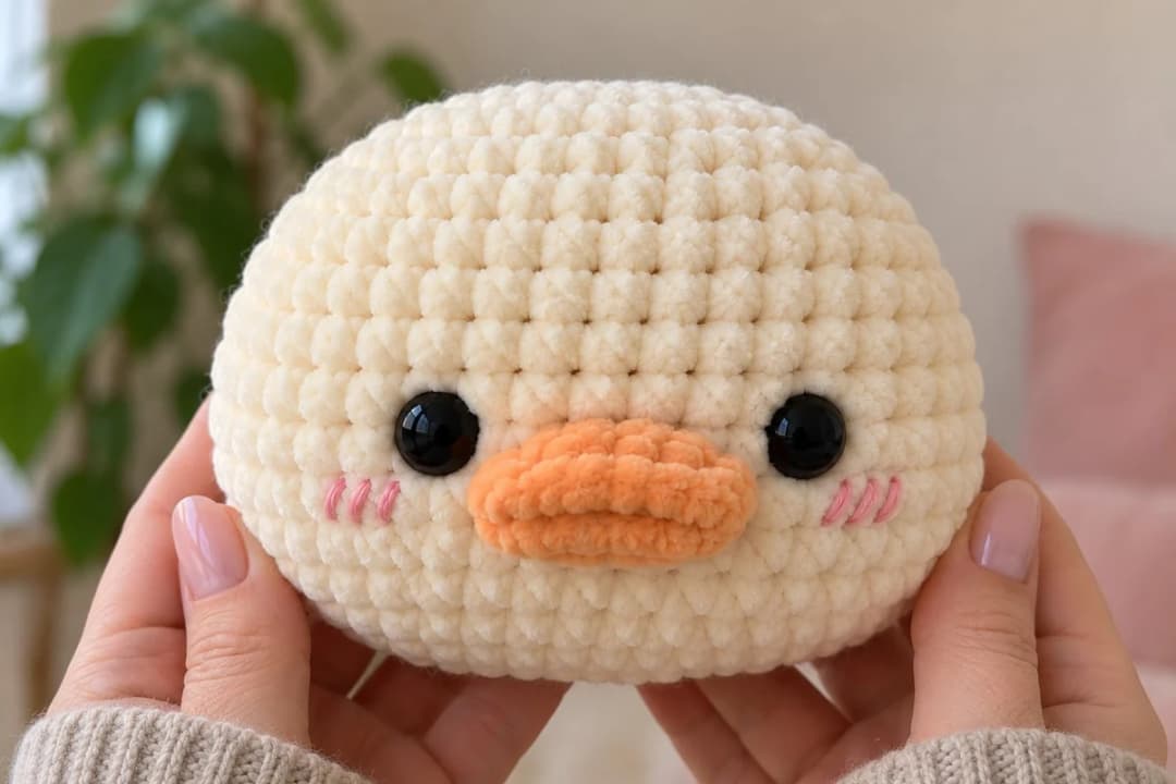 Marigold's head held in two hands before assembly: a round cream chenille ball with two black safety eyes set wide apart, a plump apricot bean-shaped beak split by a bill line, and three short pink slanted stitches under each eye