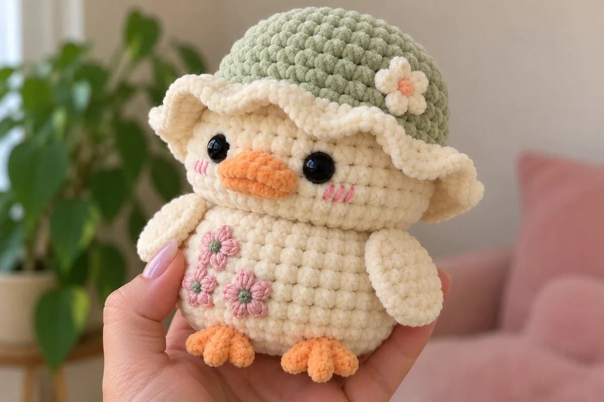 Marigold the Garden Duck crochet pattern: a chubby cream chenille duck with black safety eyes, a plump apricot beak, pink stitched cheeks, three pink flowers on her tummy and apricot three-toed feet, wearing a sage green hat with a wavy cream brim and a small cream daisy, held in one hand in front of a blurred green houseplant and pink cushions