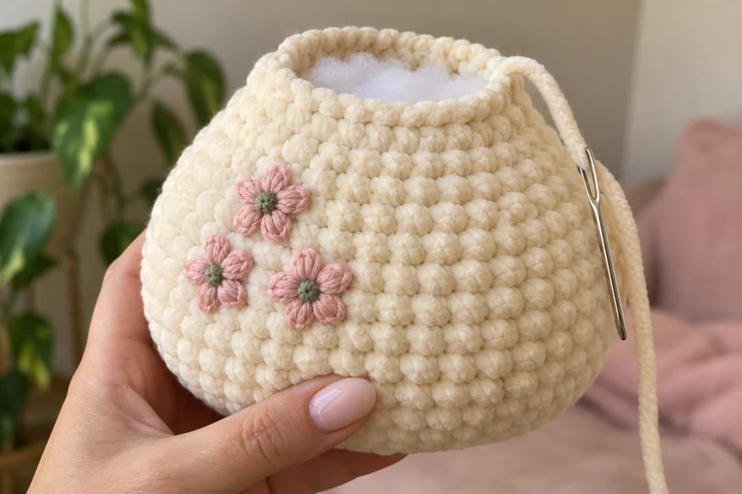 Marigold's open body held in one hand before the head goes on: a squat cream chenille ball stuffed to the top, with three small pink embroidered flowers with sage centers on one side and a long cream tail threaded on a needle