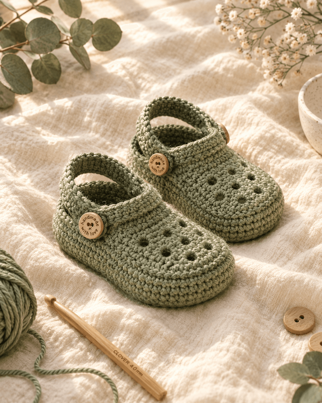Pair of sage green crochet baby crocs with signature air holes on the toe, flip-back heel straps, and small round wooden 'handmade with love' buttons, styled on cream muslin with eucalyptus branches and baby's breath sprigs