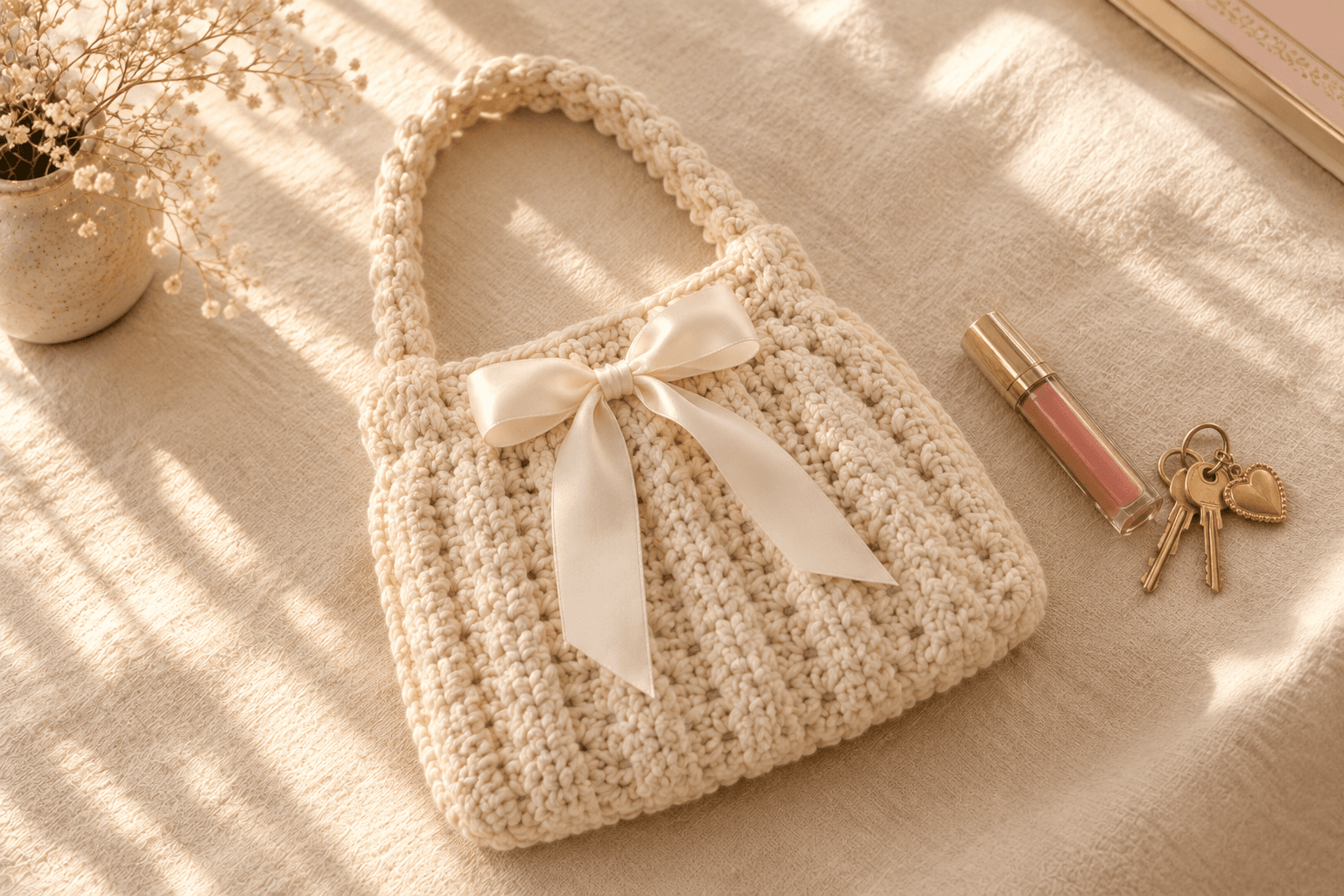 Cream cotton mini crochet handbag with vertical ribbed cable texture and a satin ivory ribbon bow, styled with a lipgloss tube and gold keys on cream linen