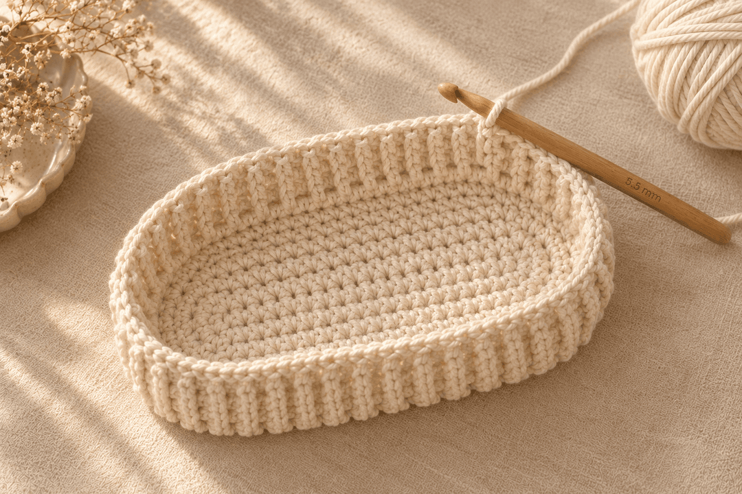 Oval crochet base with the first three rounds of ribbed HDC back-loop-only texture rising from it, a 5.5 mm oak crochet hook mid-stitch on cream linen